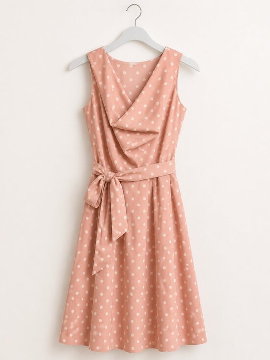 Dresses & Skirts - Blush Pink Polka Dot Sleeveless Fit & Flare Dress with Tie Waist